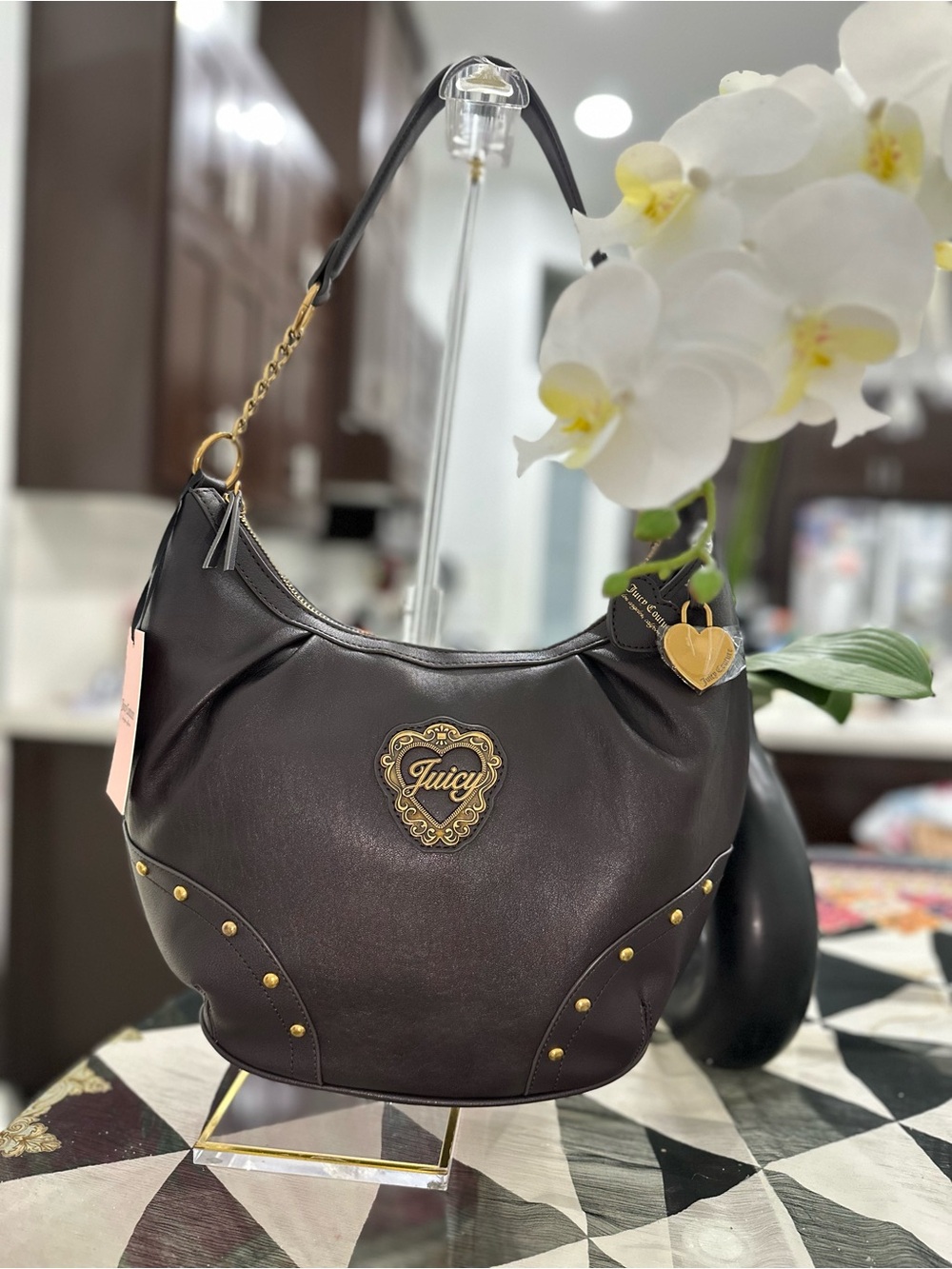 Juicy Couture Dark Brown Leather Shoulder Bag with Gold Hardware